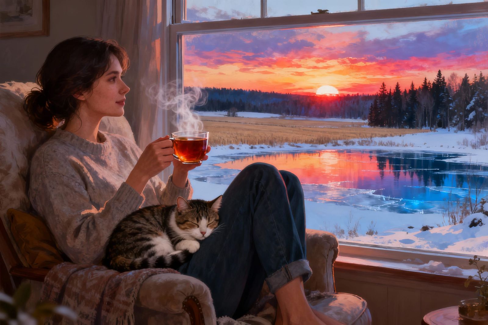 Cozy Winter Scene: Woman, Cat, and Tea by the Window