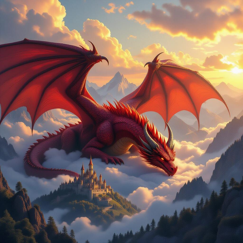 Colossal Red Dragon Sleeps Across Mountains at Sunset