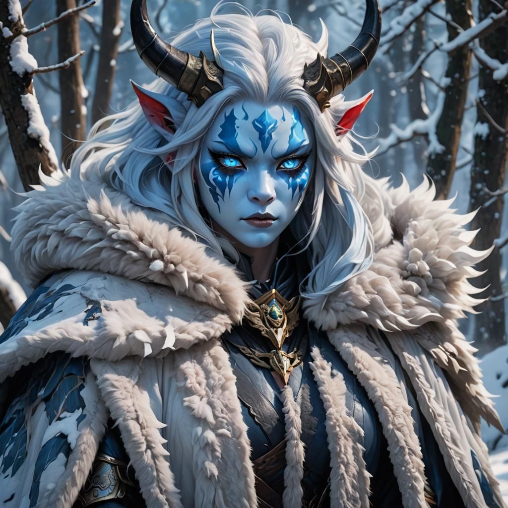 Icy Oni Woman in Snowy Forest: 3D Anime Art