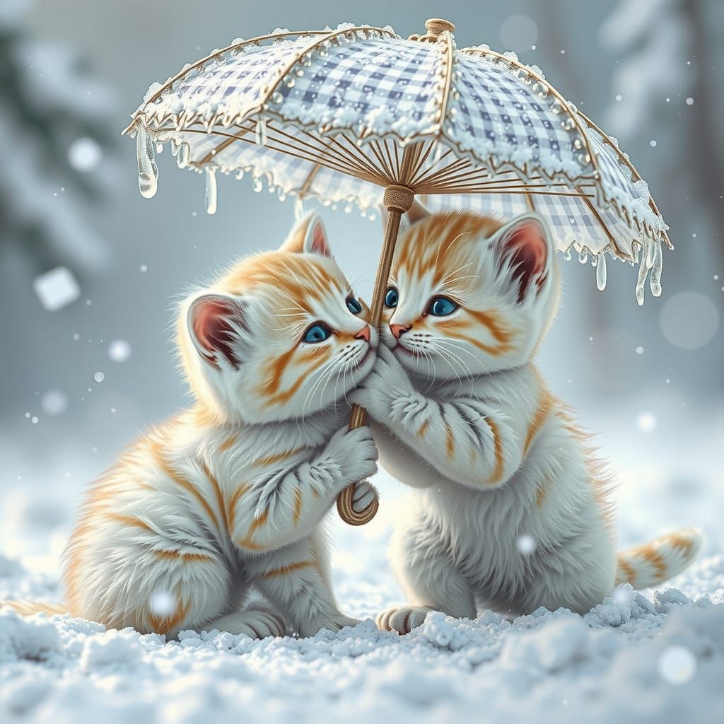 Fantasy Gingham Umbrella Scene in Whimsical Art Style
