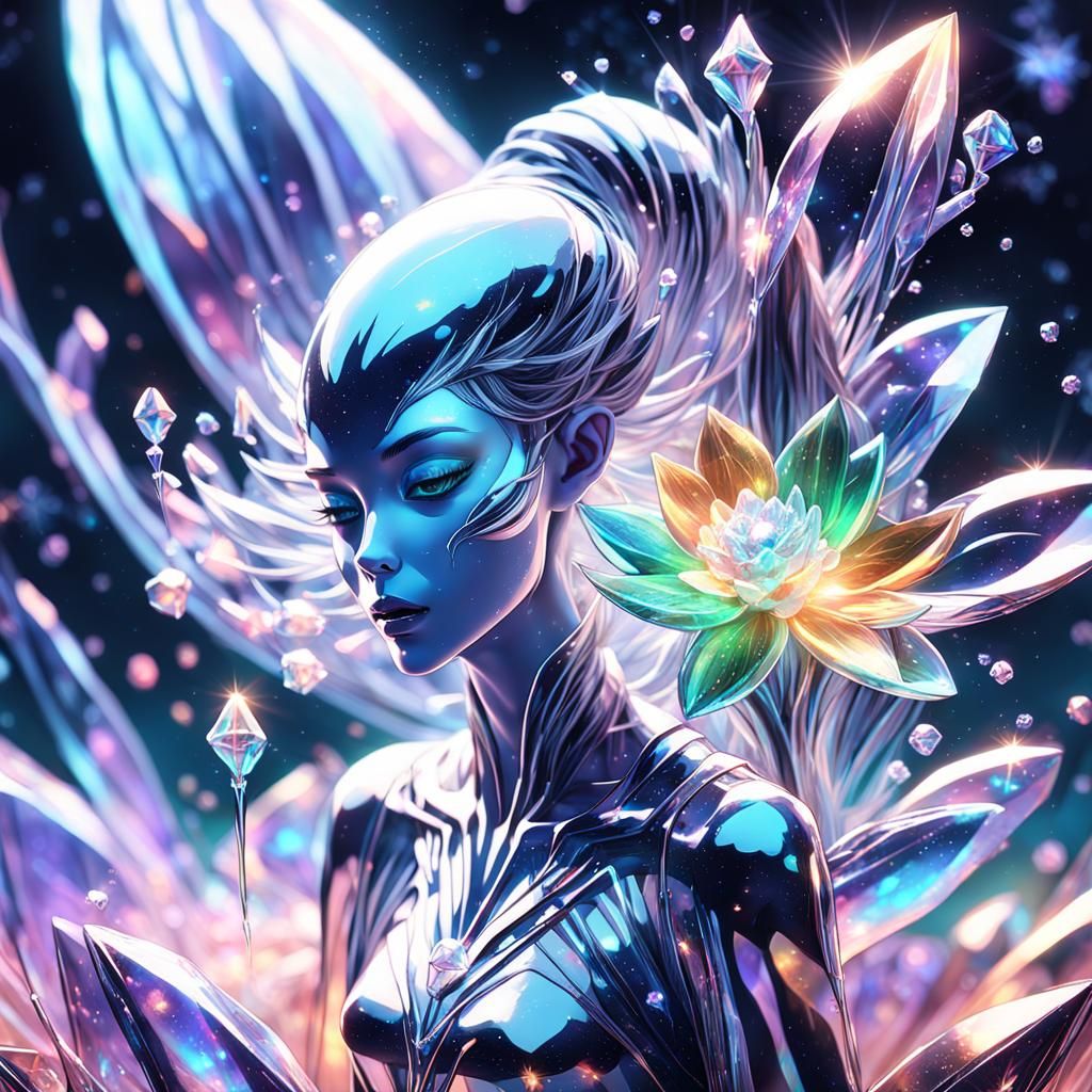 Alien Woman Smells Crystal Flower: 3D Anime Art