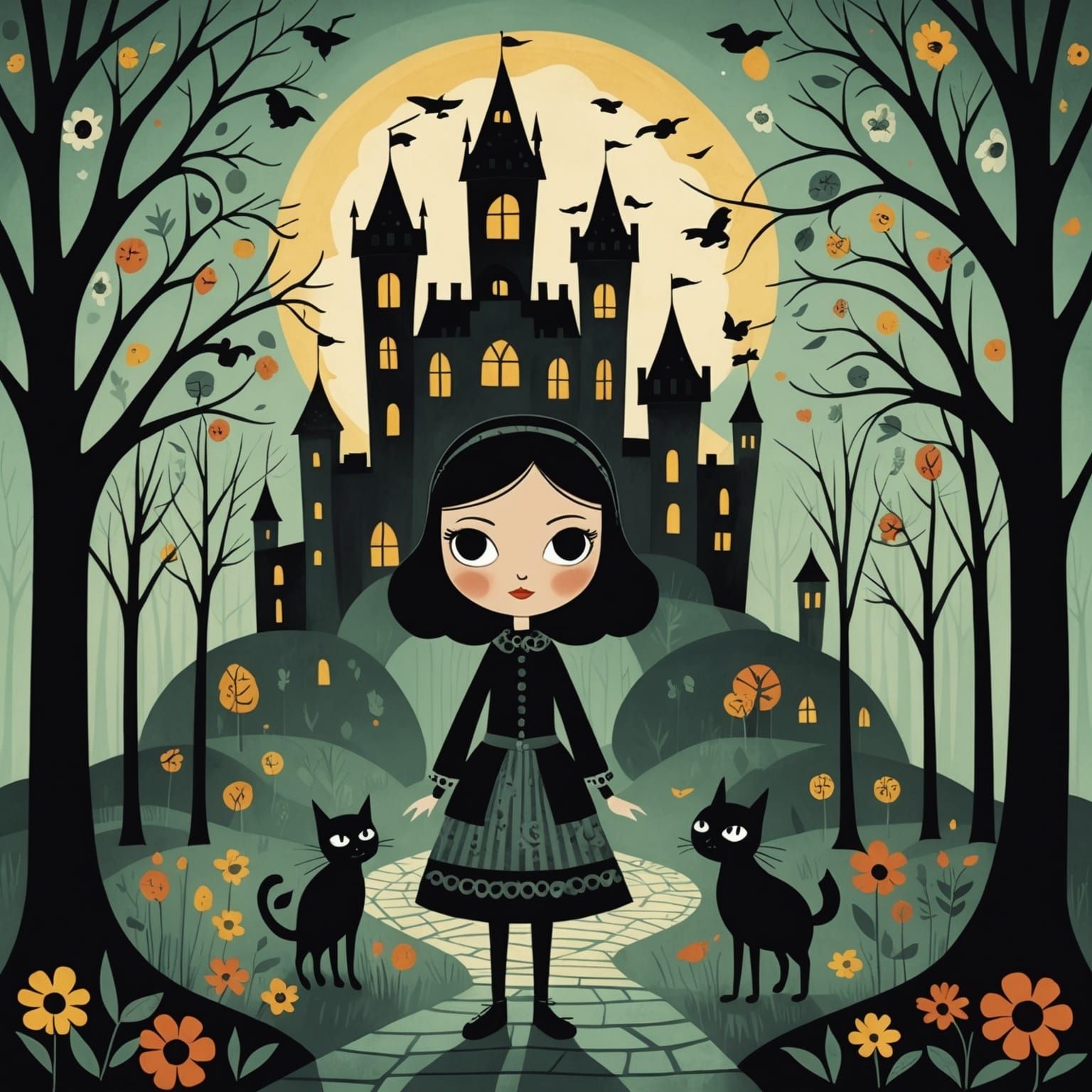 Grimdark Scene in Folk Art Style