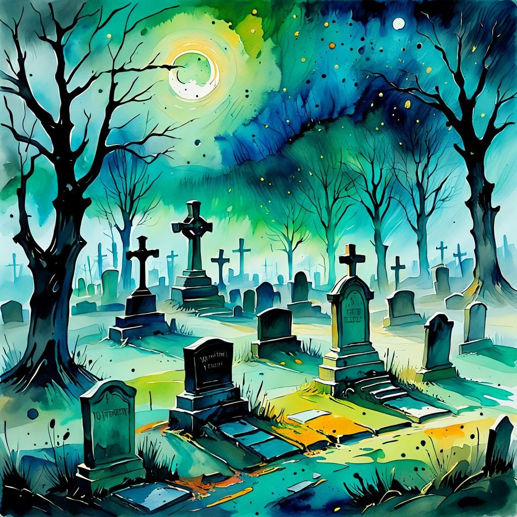 Graveyard in Turner-Inspired Watercolor Style