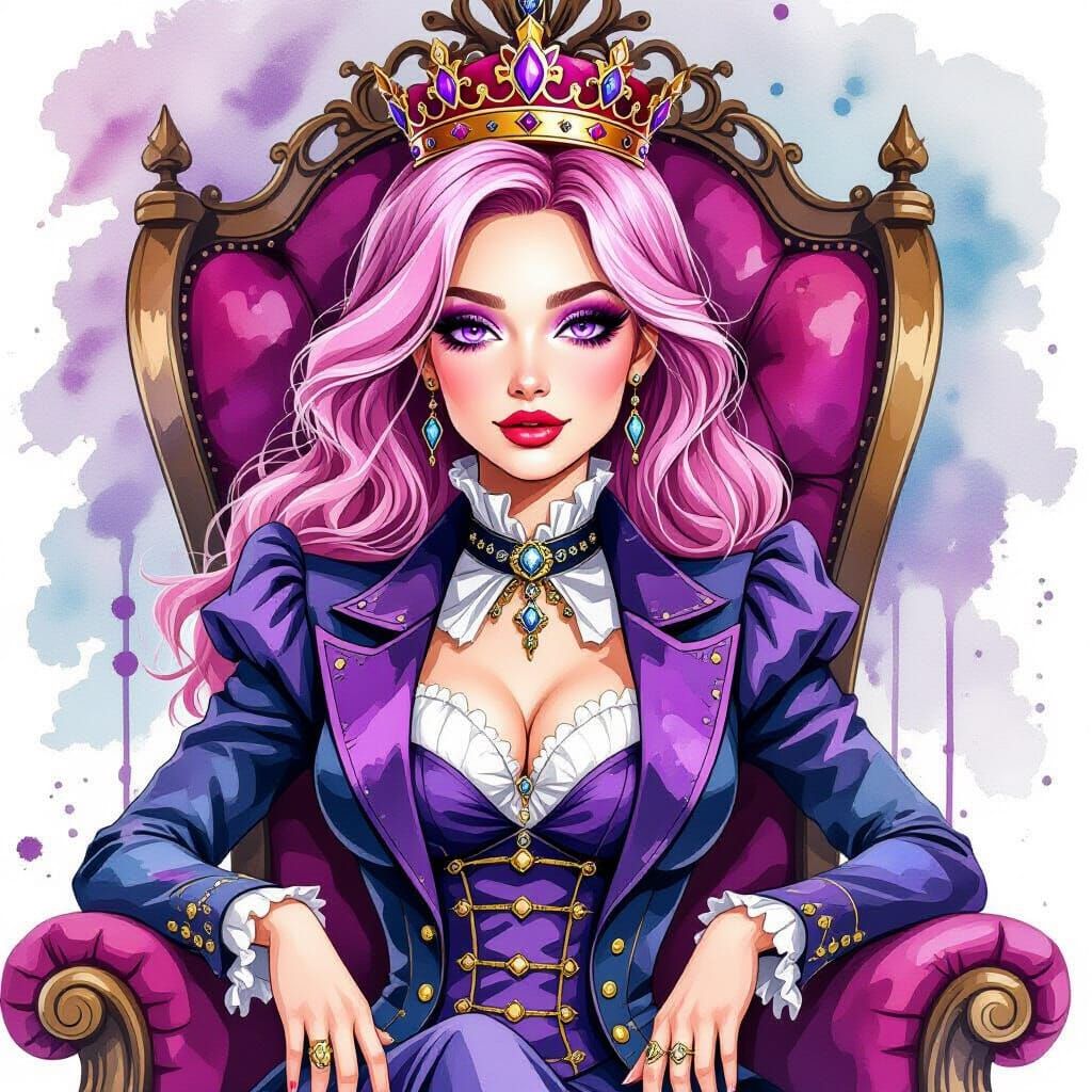 Whimsical Watercolor Portrait: Pink-Haired Gothic Queen