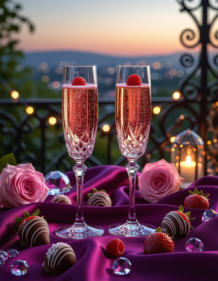 Luxurious Champagne Still Life with Roses and Crystals