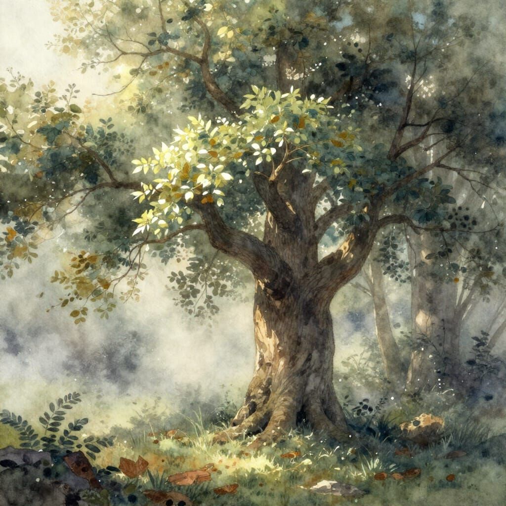 Ancient Glowing Tree in Misty Forest Watercolor Painting