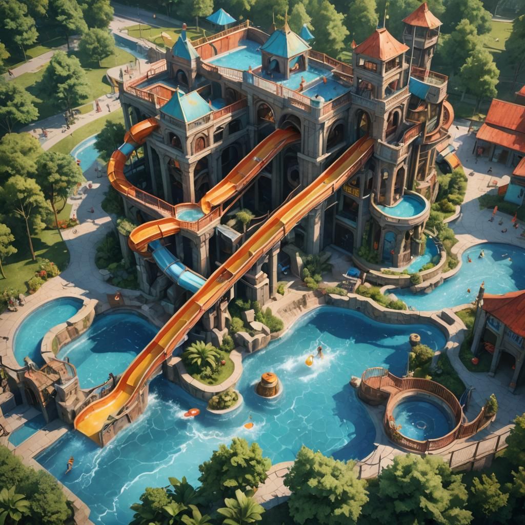 Watercolor Public Swimming Pool with Waterslide