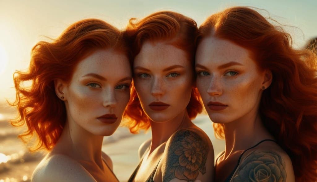 Redhead Women on Beach at Sunset, Intricate Portrait