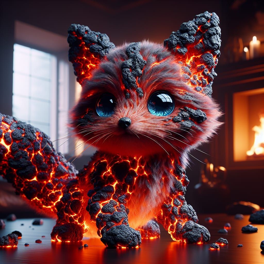 Lava Fox Cub in Living Room: Photorealistic Fantasy Art