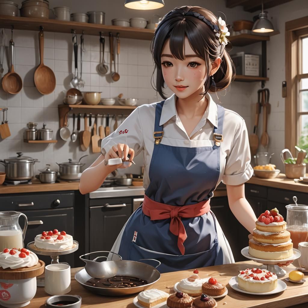 Korean Girl Baking Cake: 3D Anime Art