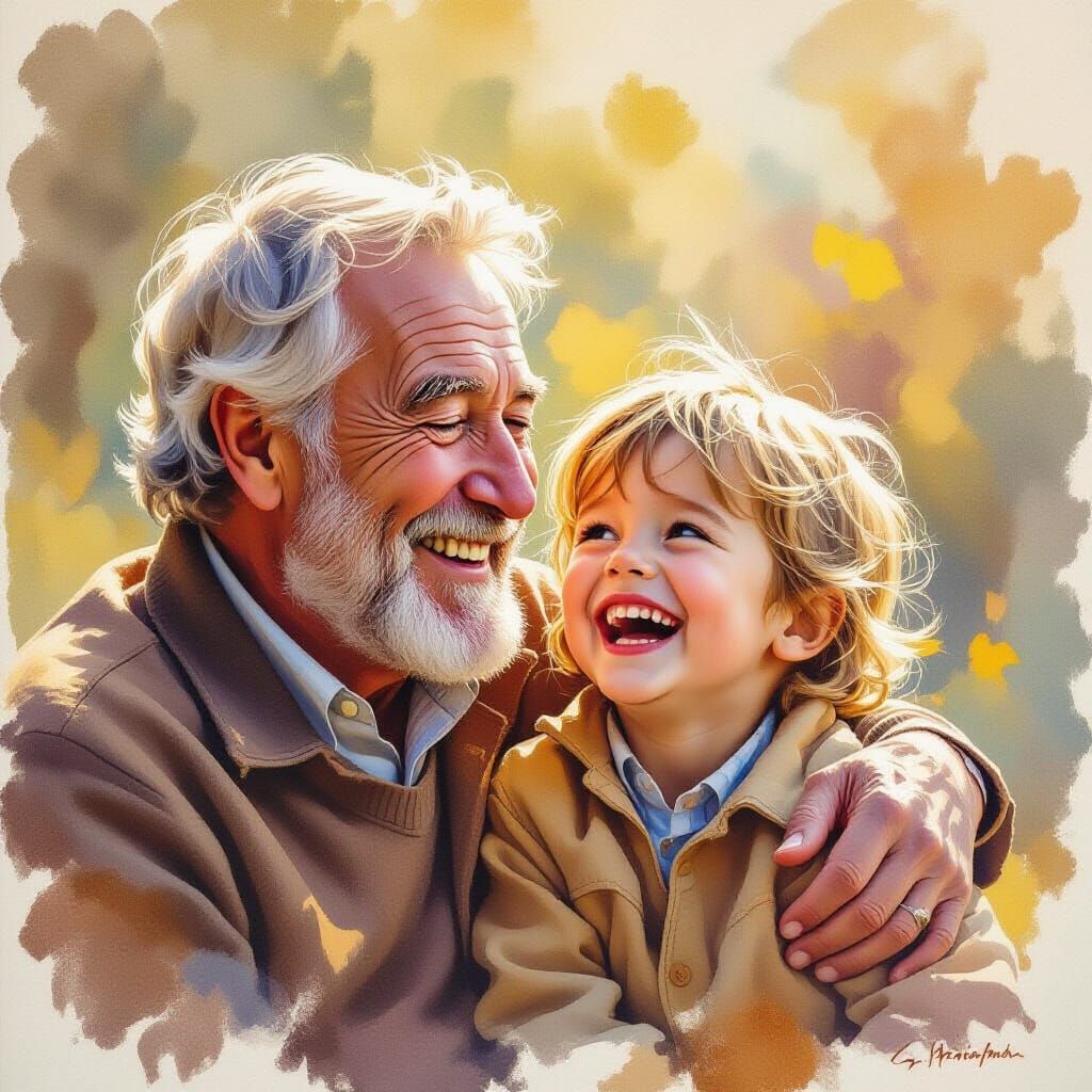 Grandfather and Child Laughing Together in Warm Sunlight