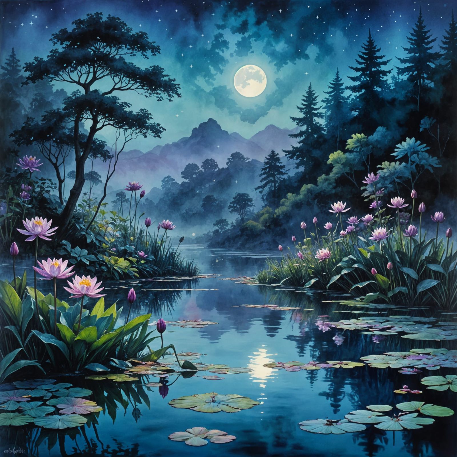 Waterlily pond gleaming in the vivid moonlight