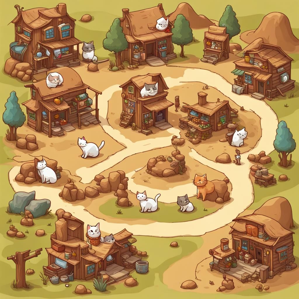 Cute Cat Cowboy Town Map Illustration