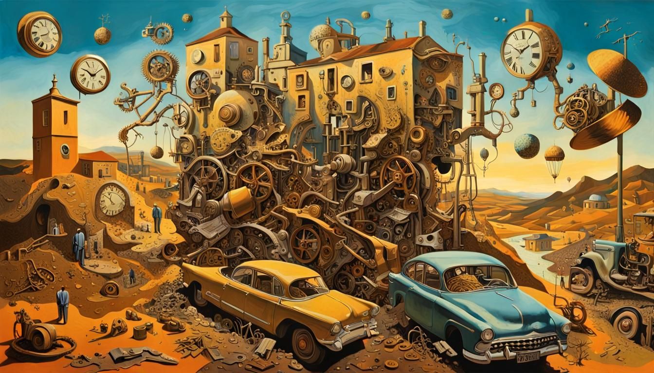 Surreal Town With Plant-Machine Creatures: A Vibrant Collage