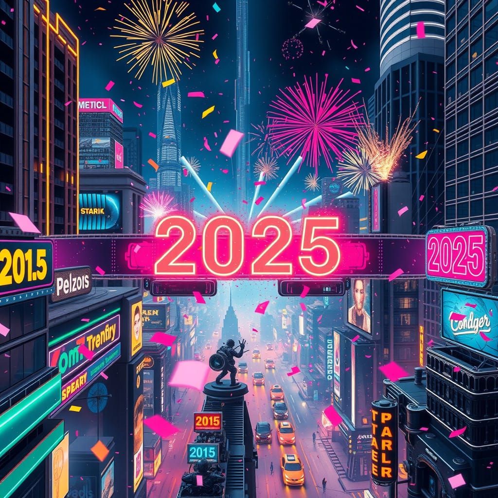 Futuristic New Year's Eve Cityscape in Vibrant Neon and Cybe...