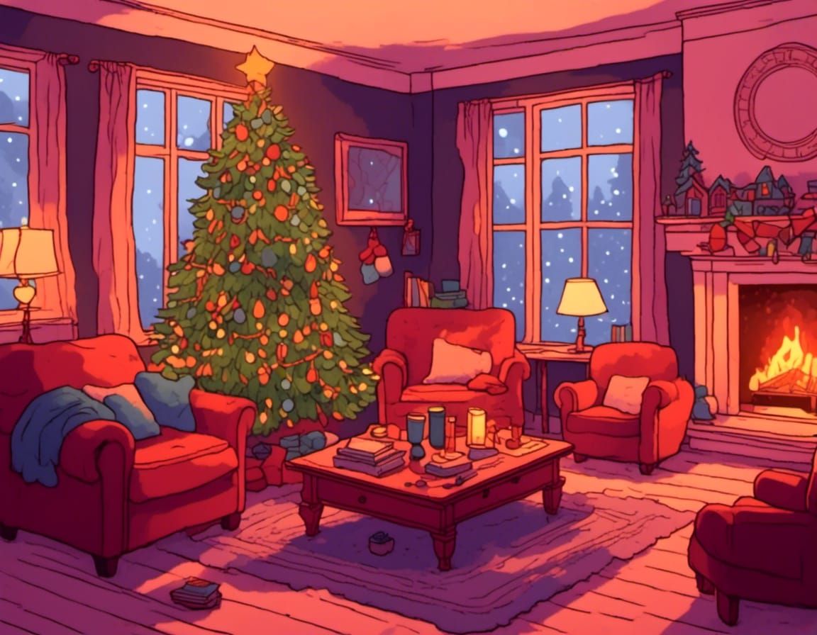 Cozy Christmas Living Room in Linocut Style
