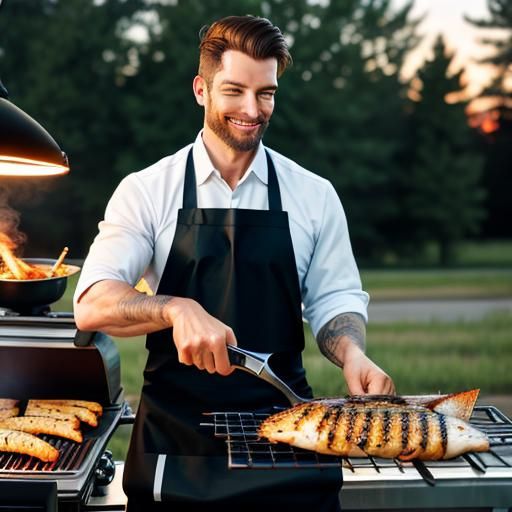 Man Cooking Catfish on Outdoor Grill