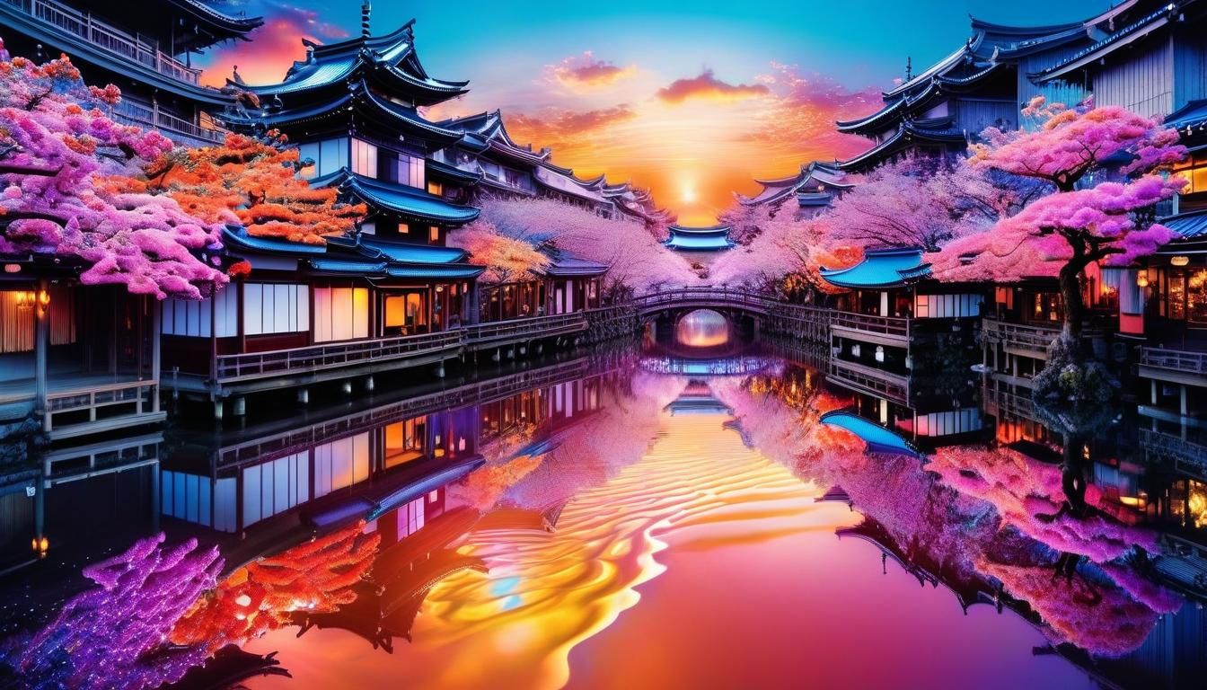 Japanese Cityscape in Dreamy Watercolor and Acrylic Style