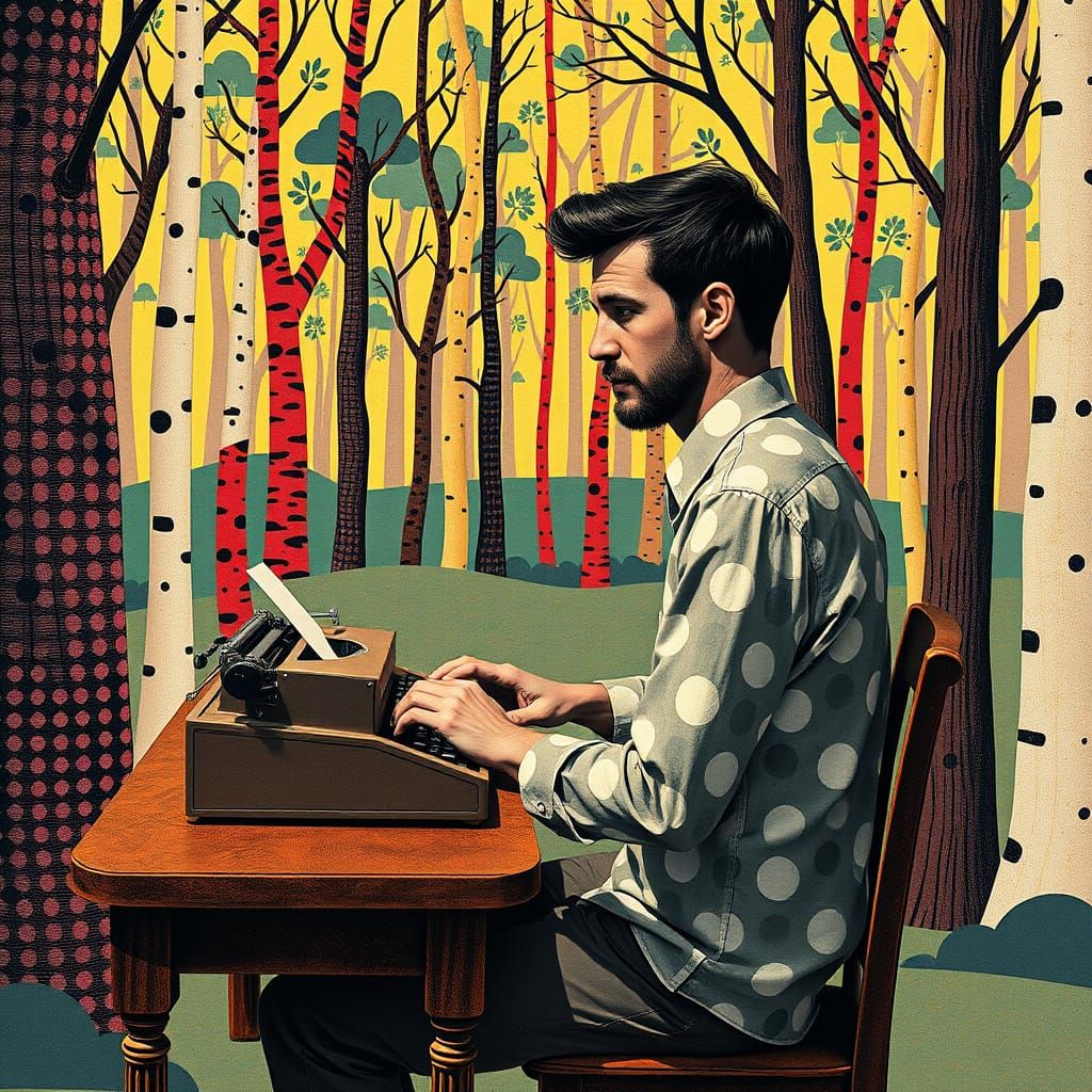 Man at Typewriter in Graphic Forest, Mixed Media Style