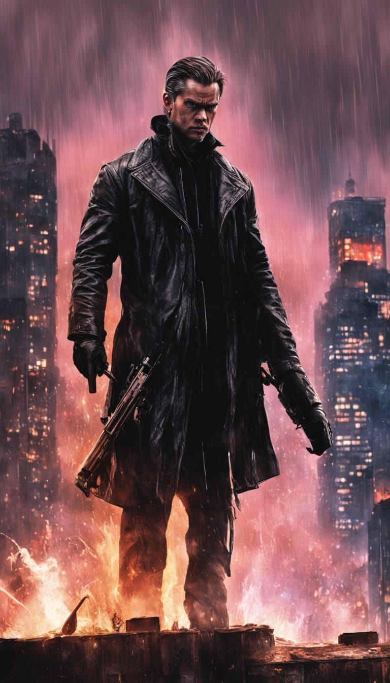 Gritty Action Hero Dominates Rainy Cityscape in Dark Cinemat...