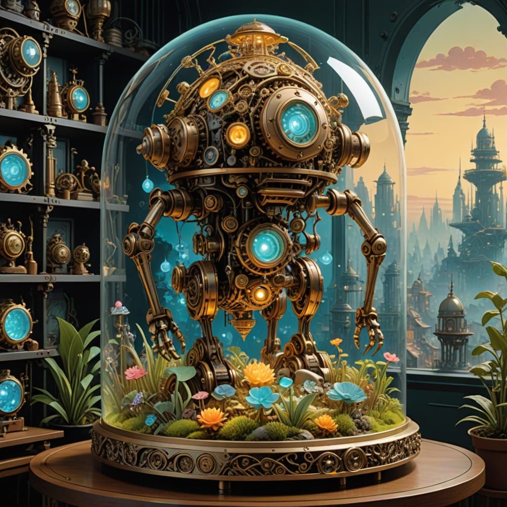 Steampunk Automaton in Bioluminescent Cloud Garden
