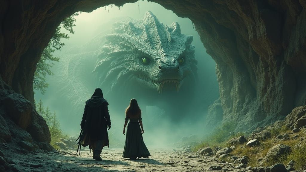 Mystical Tunnel Leads to Dragon Cave in Dark Fantasy Style