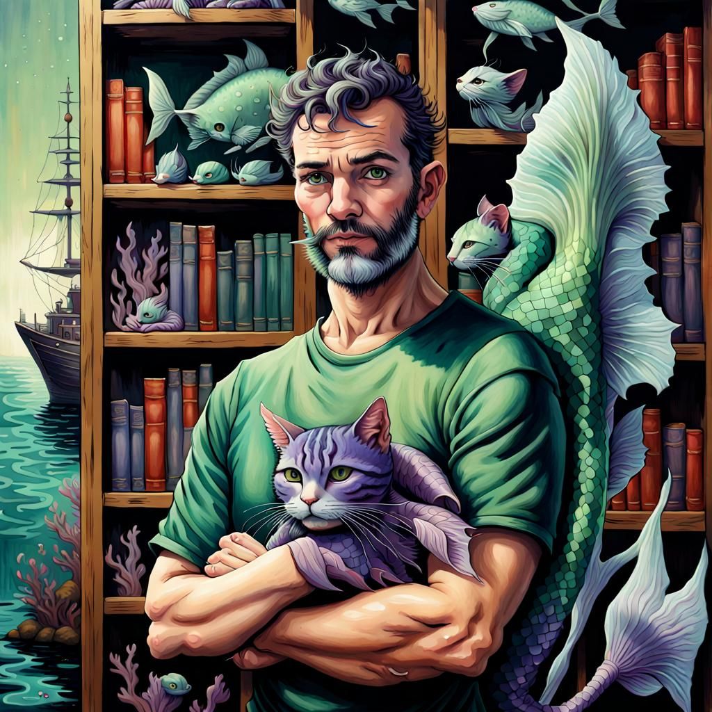 Seaman Merfolk Portrait with Feline Companion