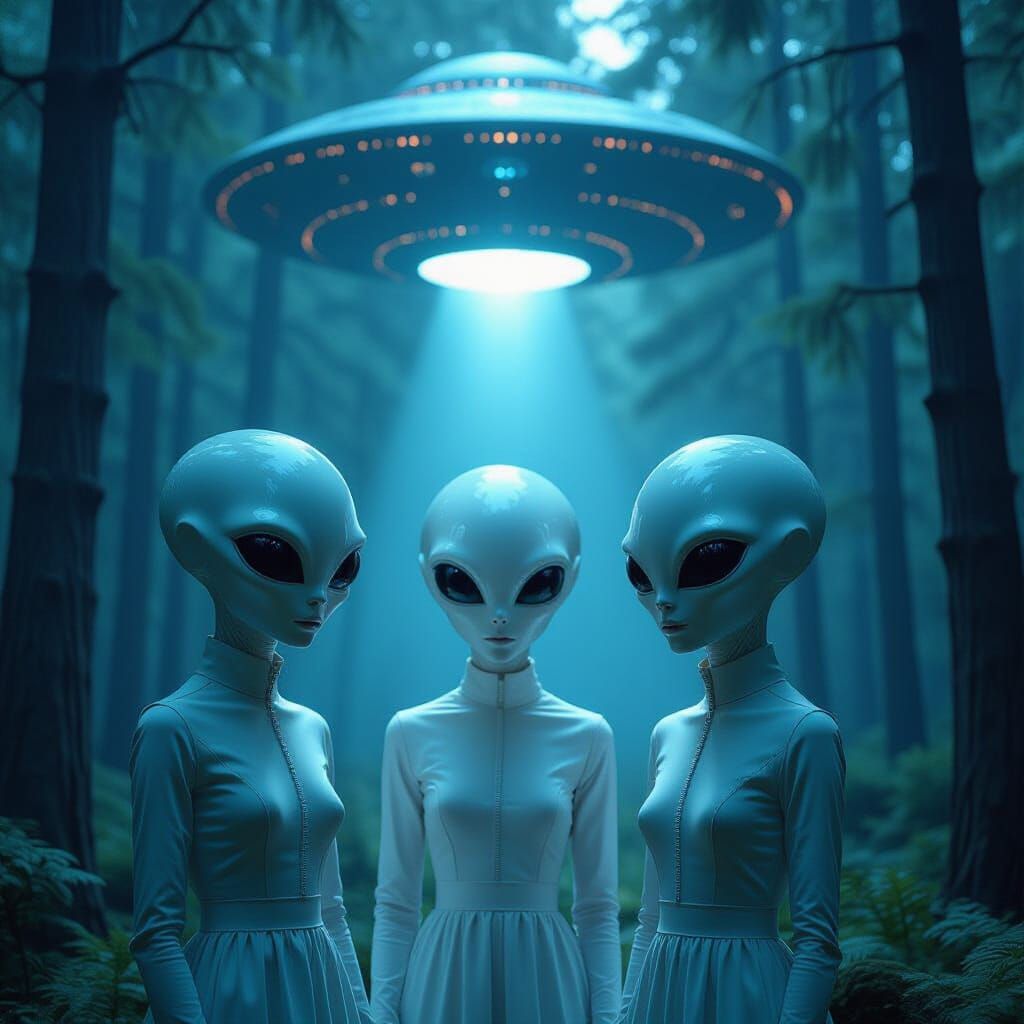 Three White Aliens Await Mothership Collection in Forest