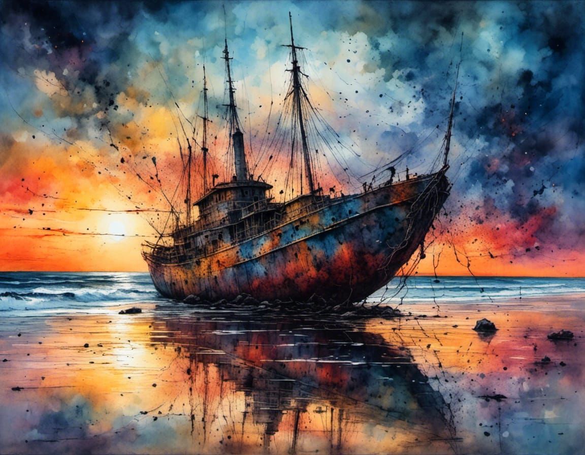 Shipwreck Sunset: Watercolor Coastal Scene