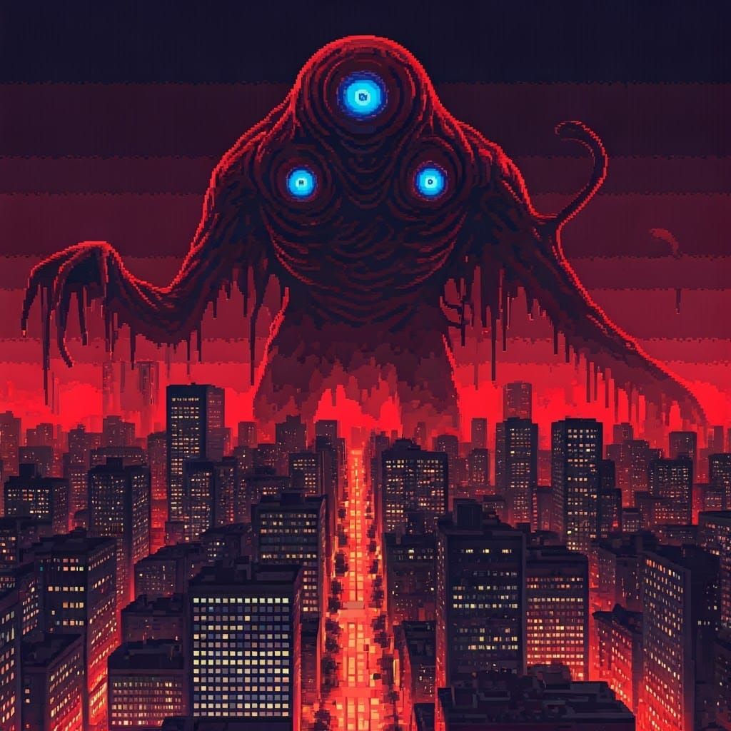 Ethereal Horror Beings Rise in Neon-Lit Cityscape, in 8-Bit ...