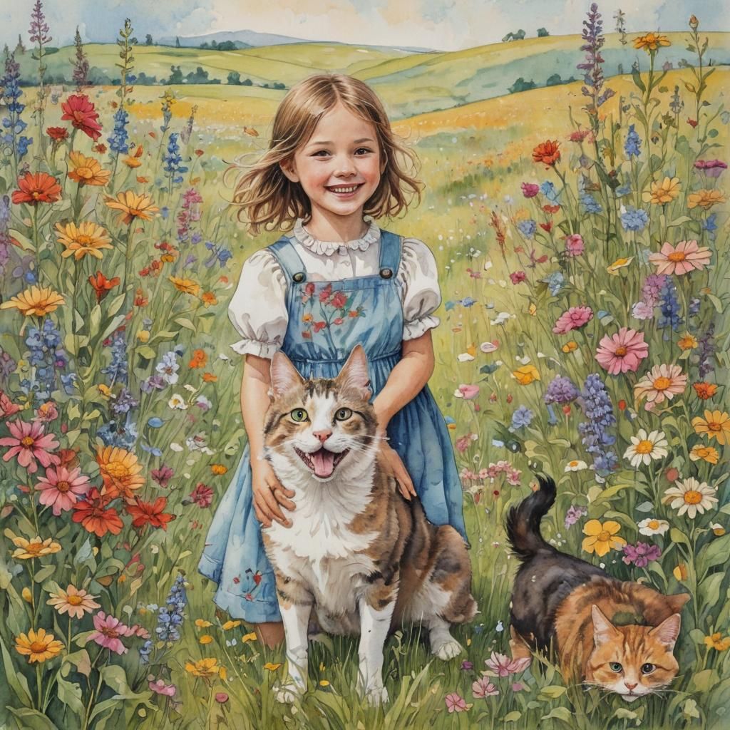 Charming Fantasy: Girl, Cat, and Dog in Wildflowers