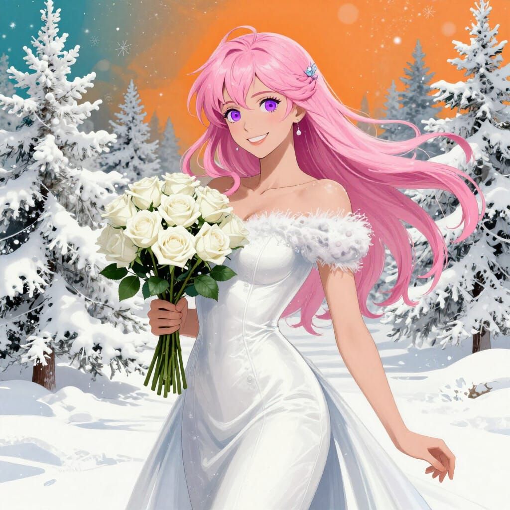 Woman in Winter Wonderland with White Roses