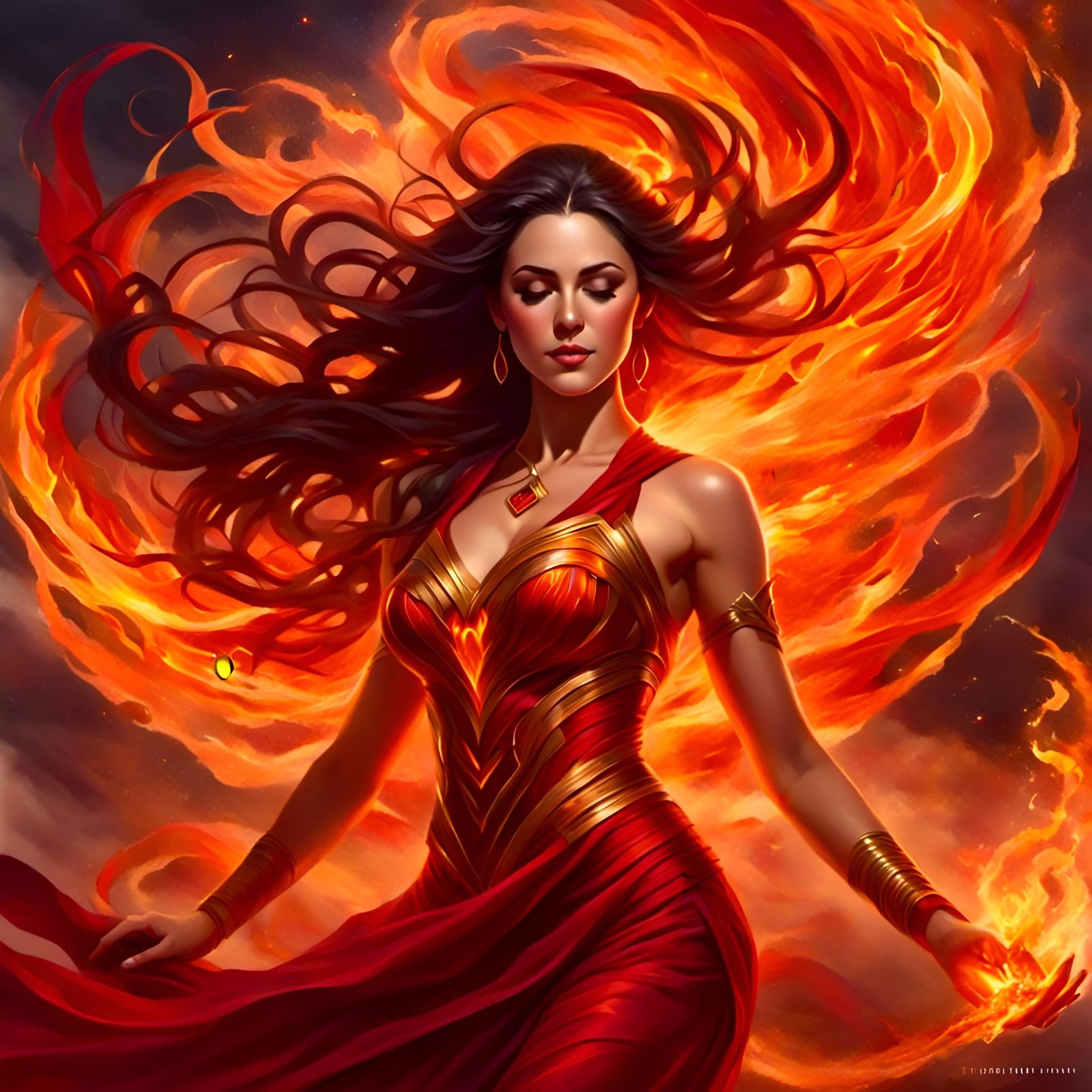Female Fire Elemental Spirit in Fiery Embrace