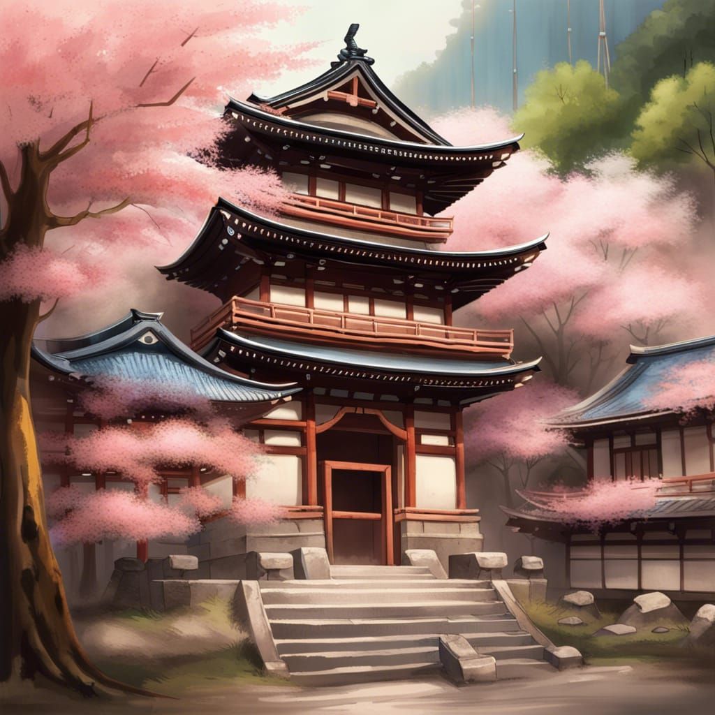 Ancient Japanese Temple with Cherry Blossoms