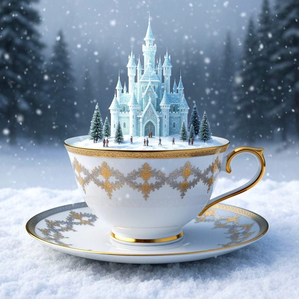 Hyperrealistic Ice Castle Teacup Fantasy Scene