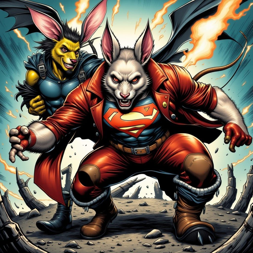 Comic Book Rabbit Superhero Fights Rat Villain