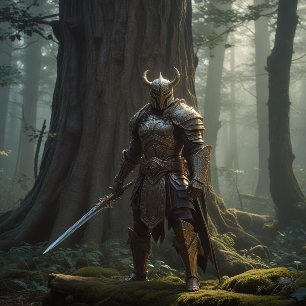 Regal Warrior in Mystical Forest, High Fantasy Art