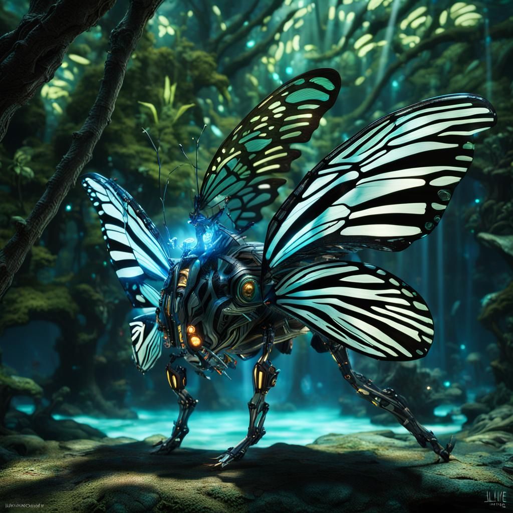 Bioluminescent Zebra-Butterfly Hybrid in Robotic Jungle