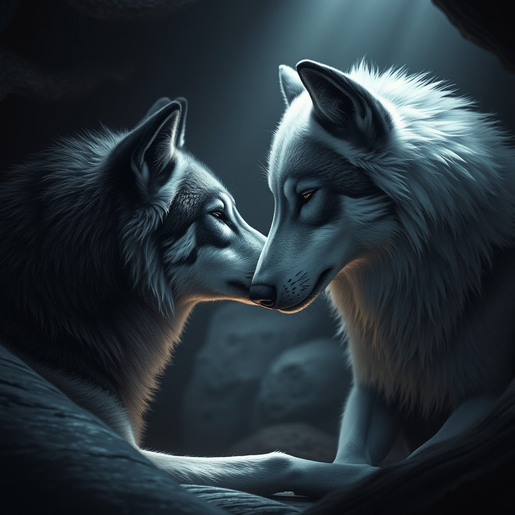Wolves Nuzzling in Serene Den, Intricate Concept Art