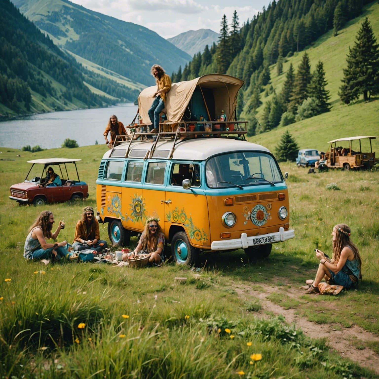 Hippies Having Fun by a Lakeside Hillside