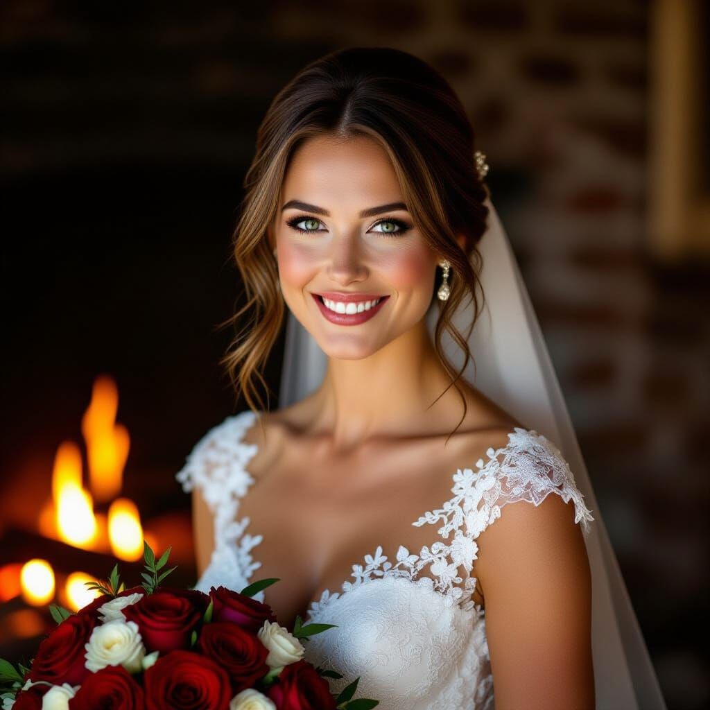 Woman in White Lace Wedding Dress by Fireplace