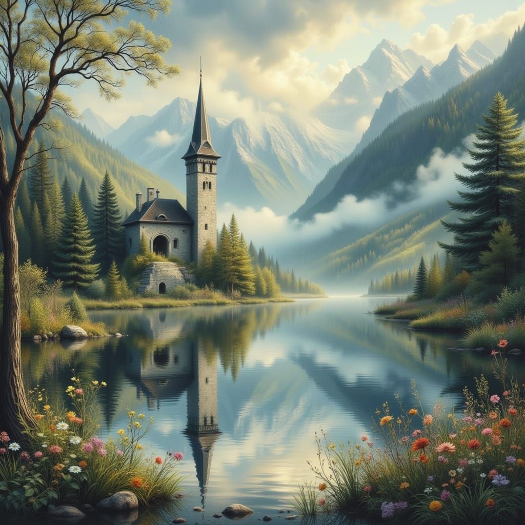 Lake Reschen Bell Tower in Ethereal Fantasy Style