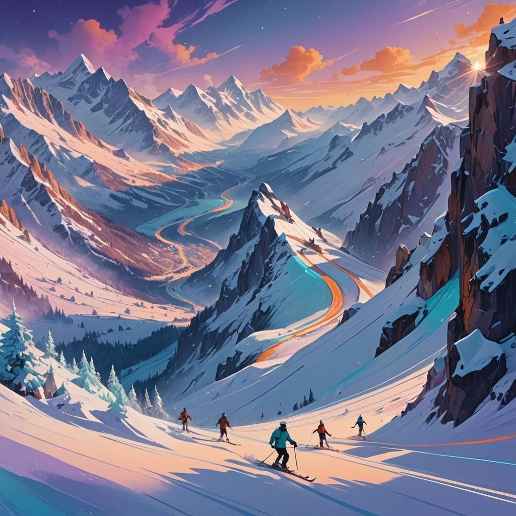 Dreamy Alpine Skiing Concept Art in Vibrant Colors