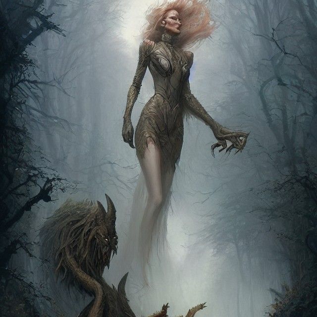 Supermodel and Surreal Beast in Ethereal Fantasy Style