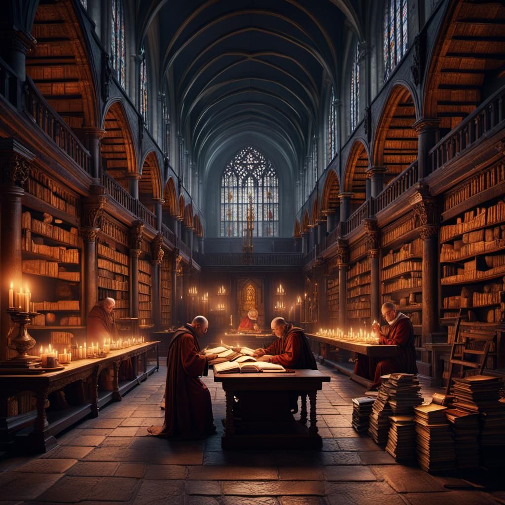 monks meticulously transcribing ancient texts by candlelight in a medieval scriptorium, amidst towering bookshelves and ...