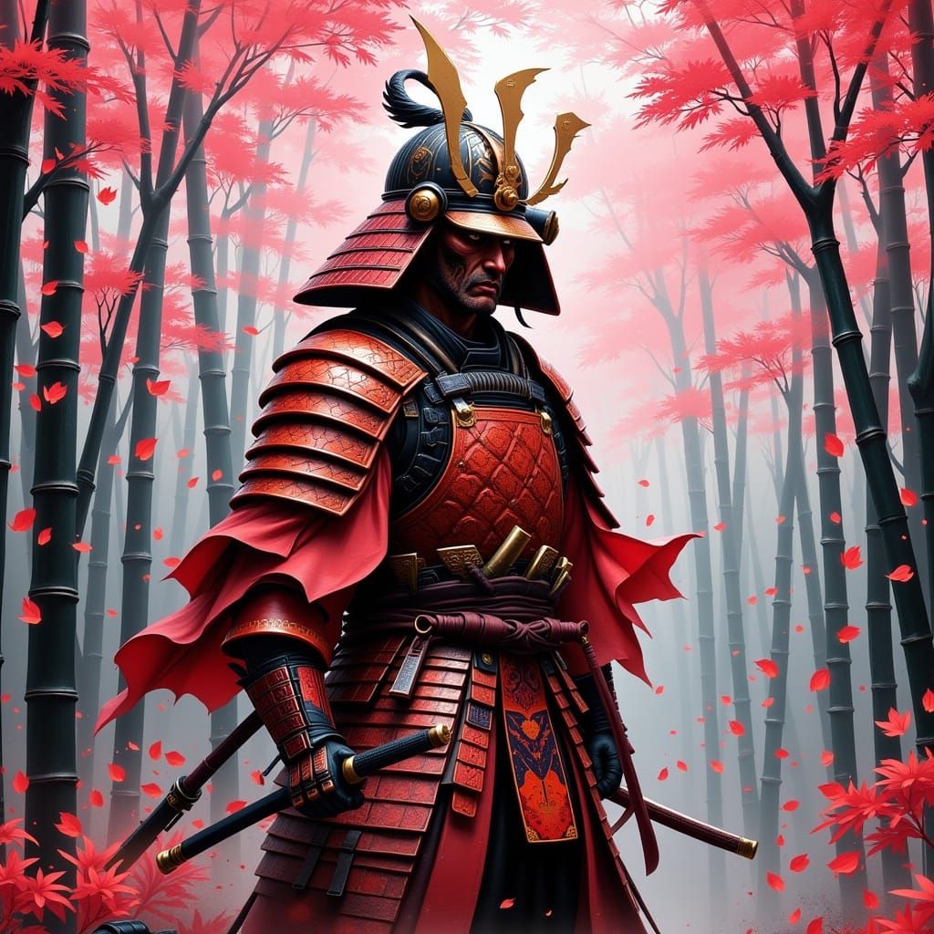 Samurai Warrior in Bamboo Forest Digital Painting