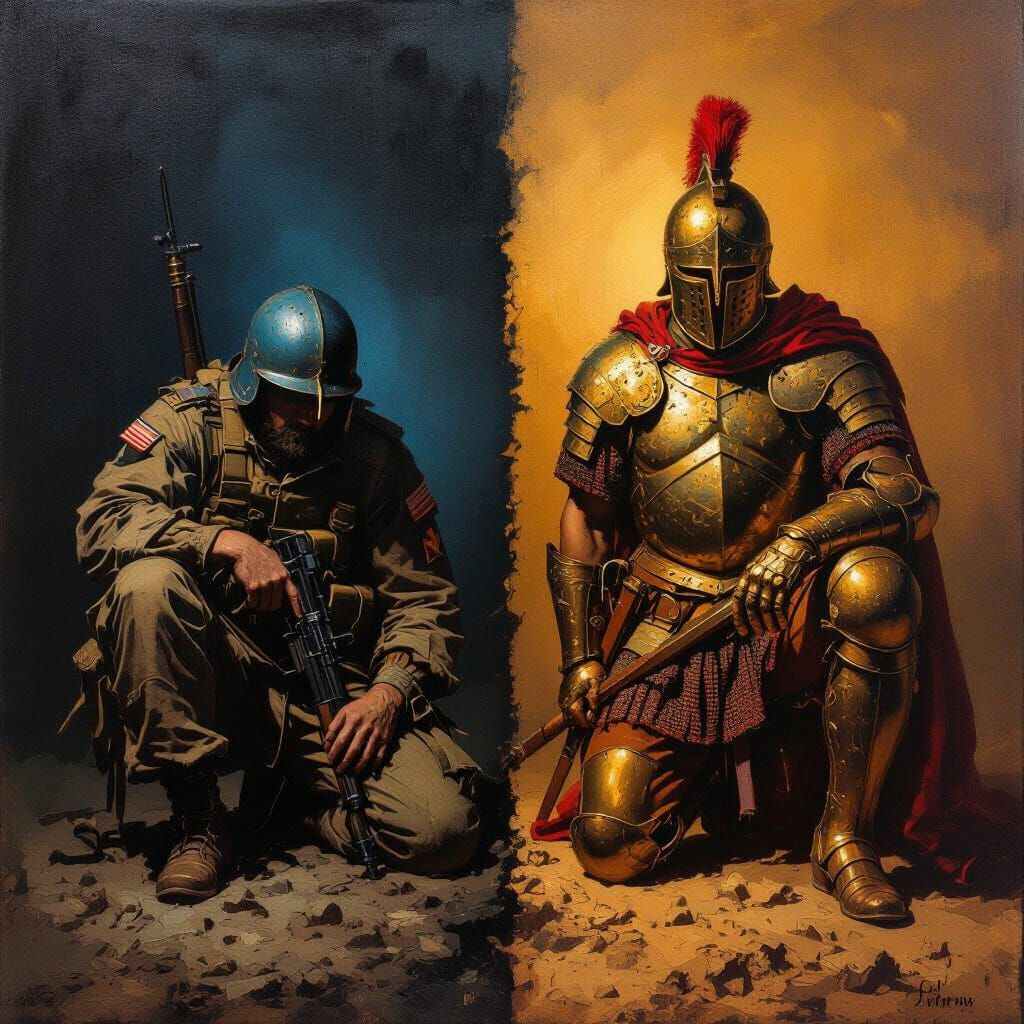 Contrasting Soldiers in Baroque Oil Painting Style