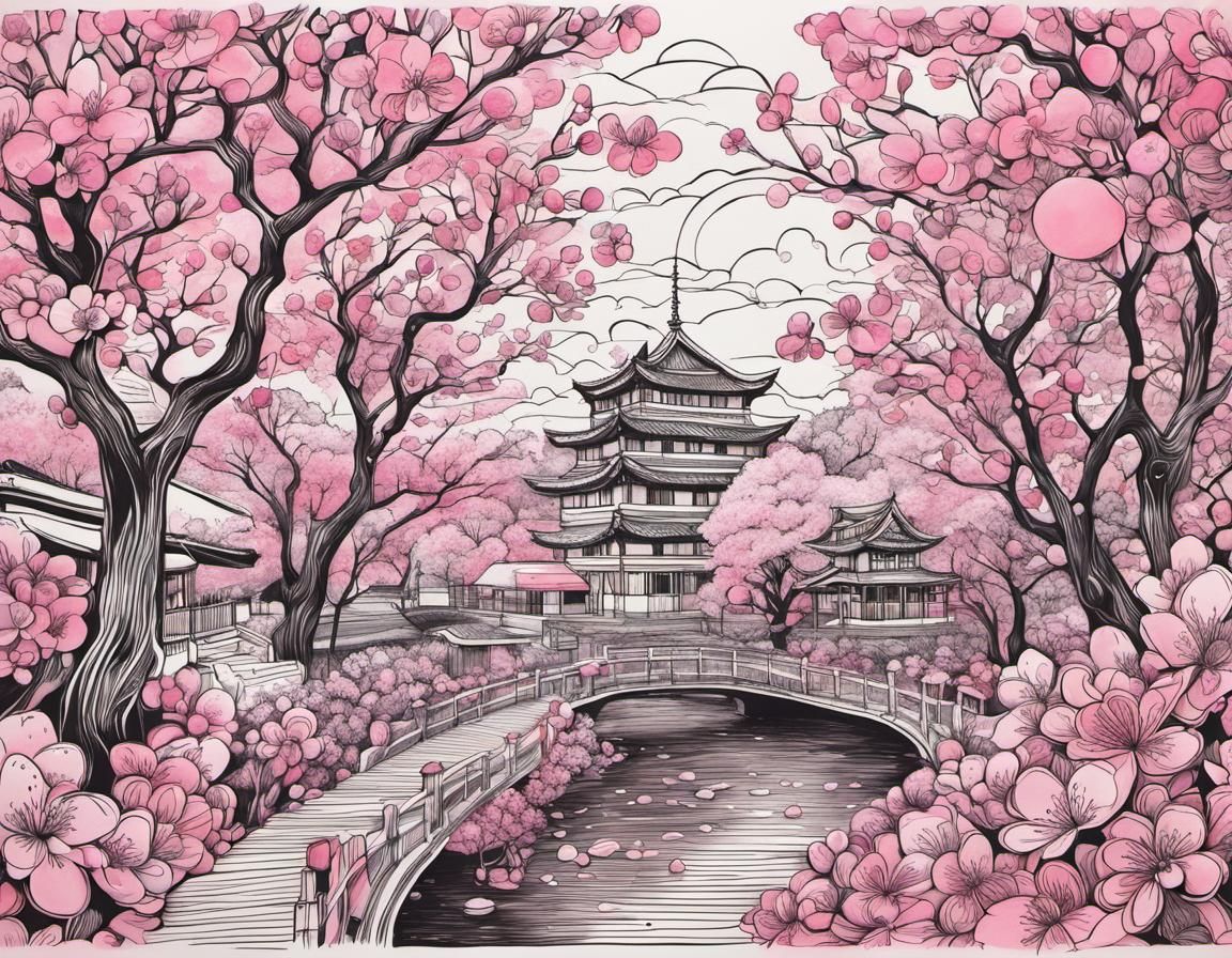 Pink Cherry Blossoms in Maximalist Doodle Style