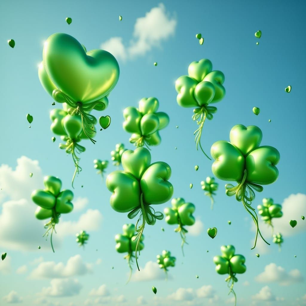 Vibrant Clover Balloons Ascend in Surreal Sky