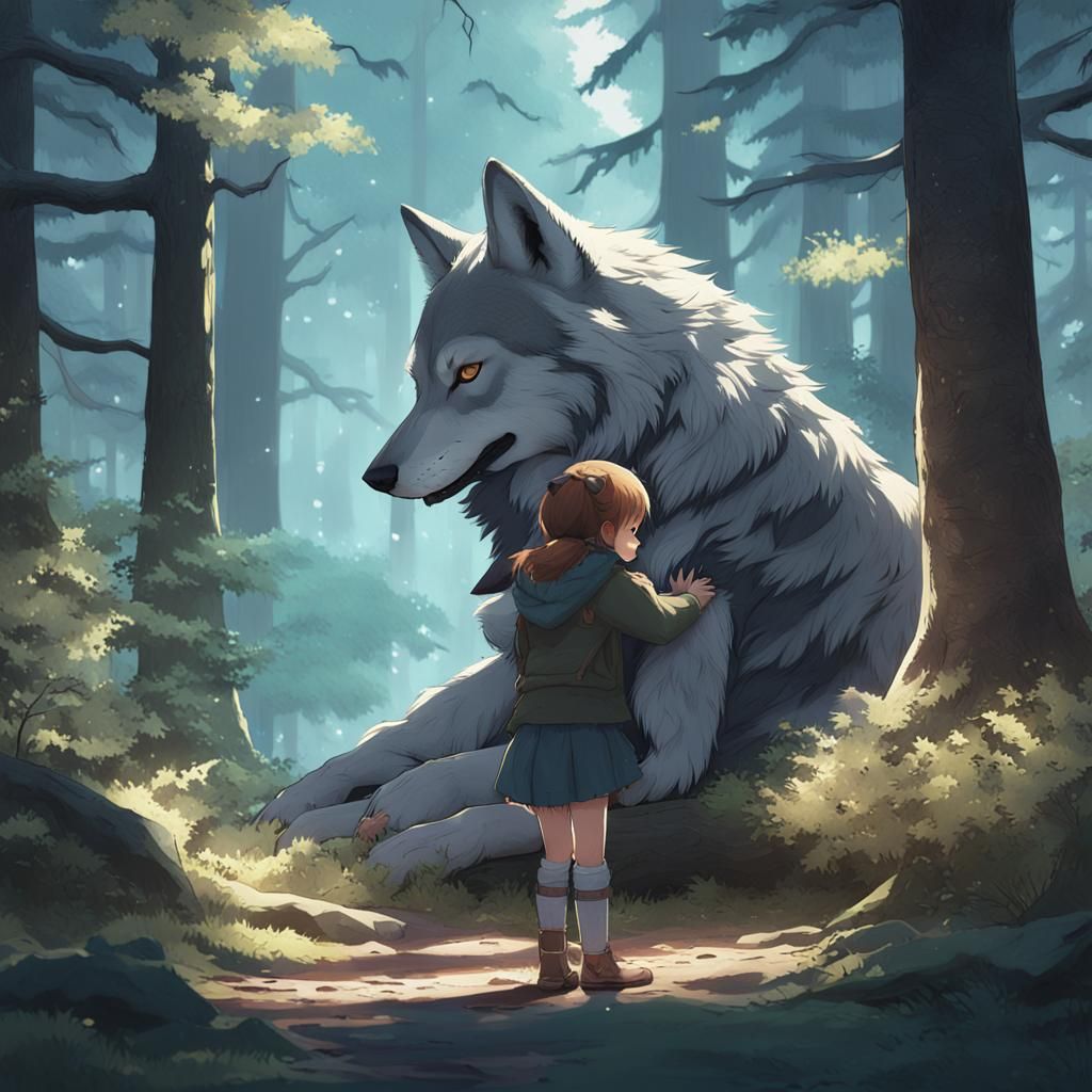 Girl Hugging Wolf: 3D Anime Art